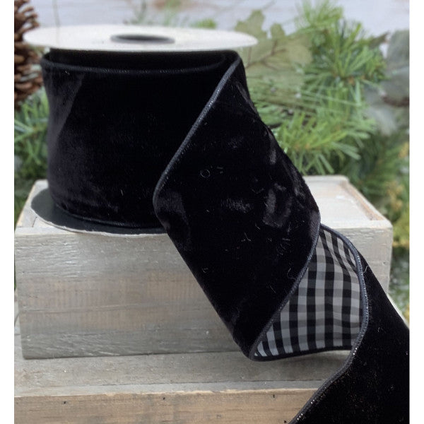 4"x10yds Black Velvet Ribbon with Black & White Check Back