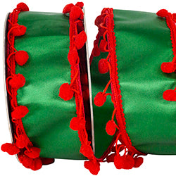 2.5x5yds Green Dupioni/Red Pom Pom Edge Ribbon