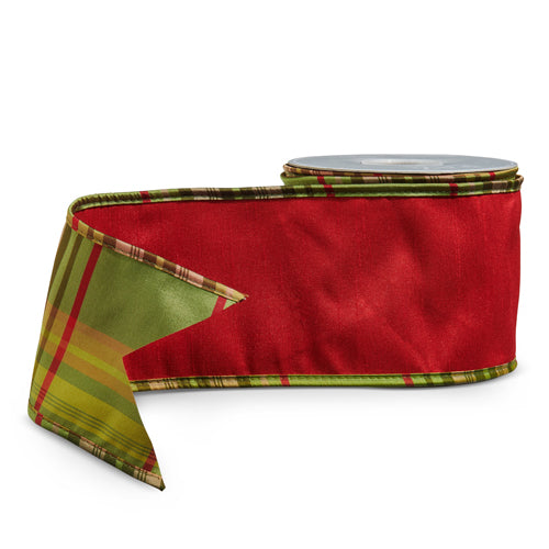 4" X 10 YDS RED WITH PLAID BACK WIRED RIBBON