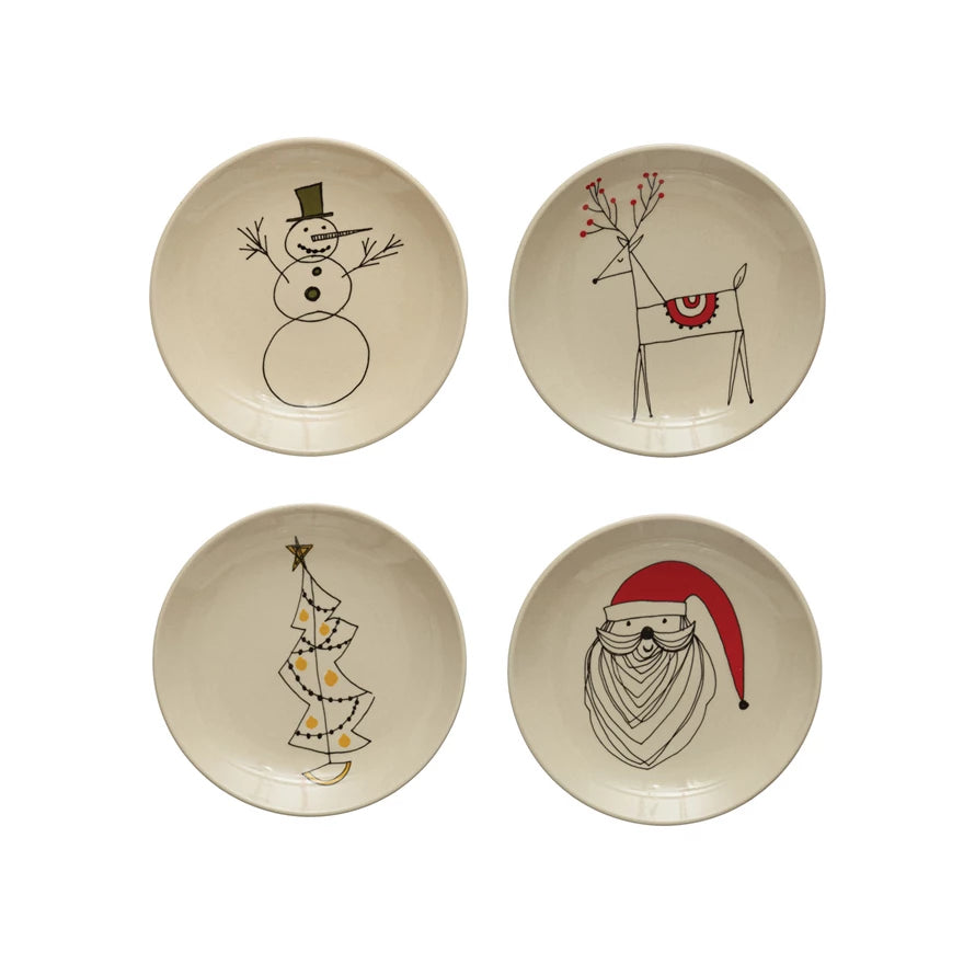 5" Round Stoneware Plate w/ Holiday Image, Multi Color, 4 Styles