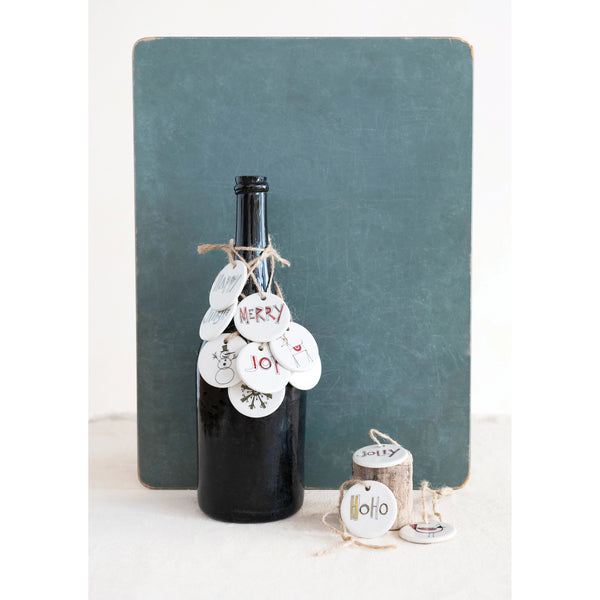 Round Stoneware Tag Ornament with Holiday Image/Word, Multi Color, 12 Styles