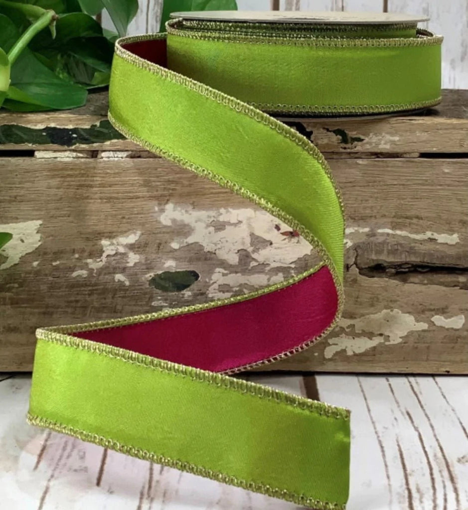 1" x 10yds taffeta double side, hot pink/apple green