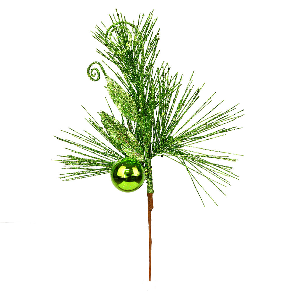 10" Lime Ornament Glitter Leaf Pick