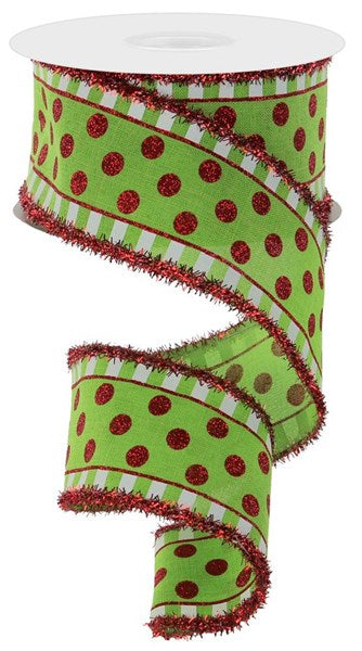 2.5"x 10 yd Lime with Red Glitter Dot Ribbon
