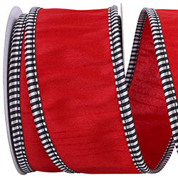 2.5"x10yds Red Wired Ribbon/Black & White Check Edge