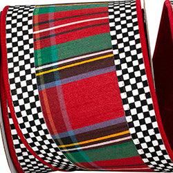 4" x 5 yds Scarlet Plaid Ticking Tradition Deluxe WIred Edge Ribbon