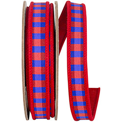 7/8" x 10 yds Red & Blue Check Deluxe Red Dupioni Backed WIred Ribbon