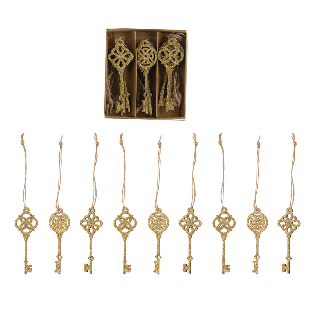 7"H Wood Laser Cut Key Ornaments w/ Gold Glitter, Boxed Set of 9