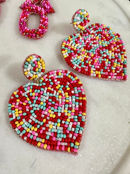 Multicolored Beaded Heart Earrings