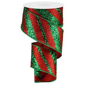 Diagonal Glittered Stripe Red & Green 2.5"x10yd Ribbon