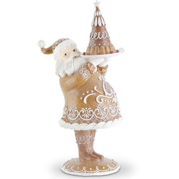 17 INCH BROWN RESIN GLITTERED GINGERBREAD SANTA HOLDING CAKE