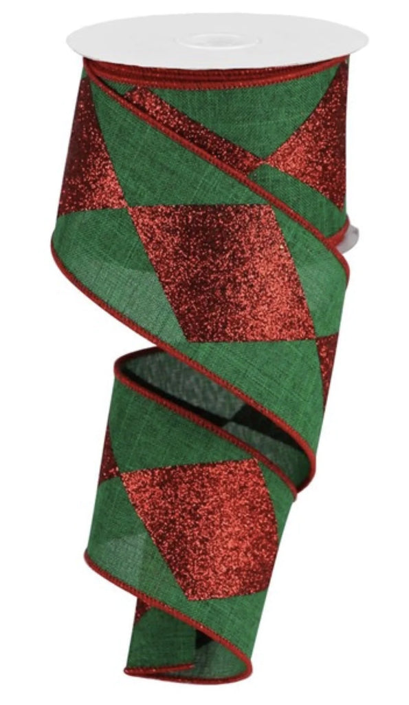Red glitter and emerald green Harlequin 2.5” wired ribbon